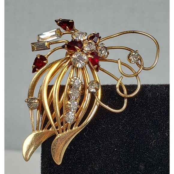Vintage Red & White Crystal Rhinestone Flower 1/20 10Kt GF Brooch Pendant - Picture 5 of 16